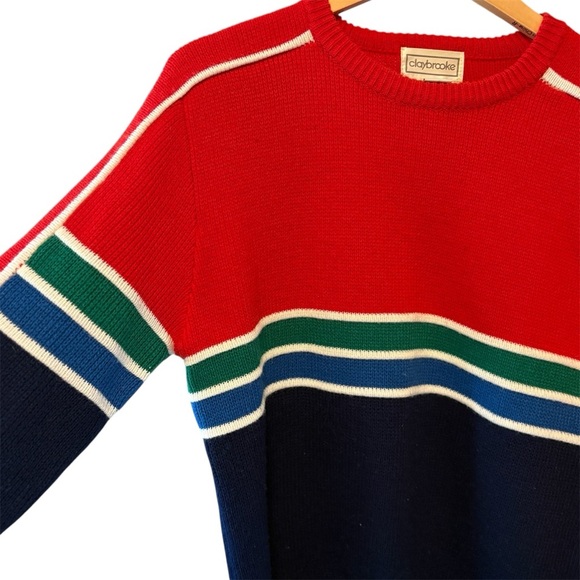 Vintage Claybrooke Mens Red Stripe Green & Blue Ski Sweater, size Medium - Picture 7 of 9